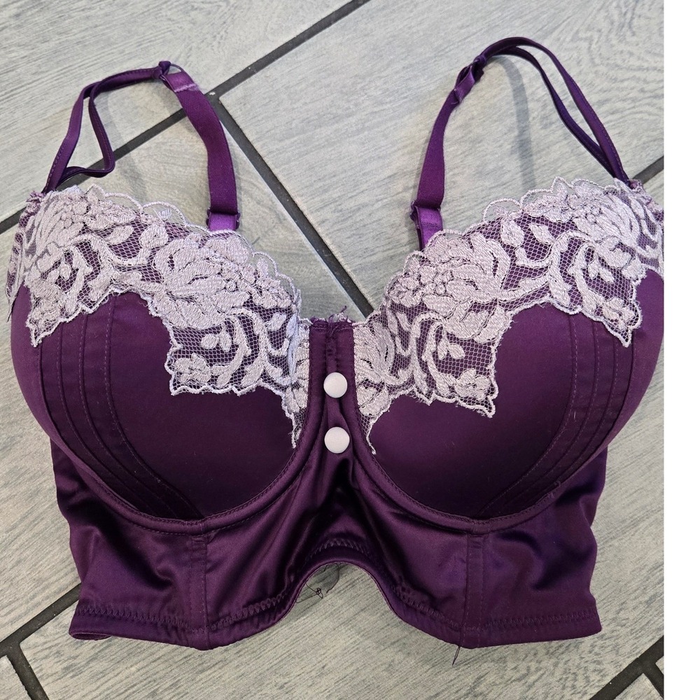 Parfait by Affinitas Purple Lace Longline Underwire Bra 32F Bustier Style P5011